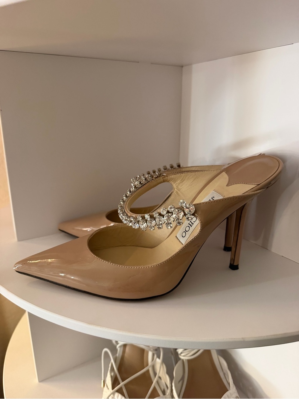 Jimmy Choo Nude Patent Leather Crystal-Embellished Mule Heels